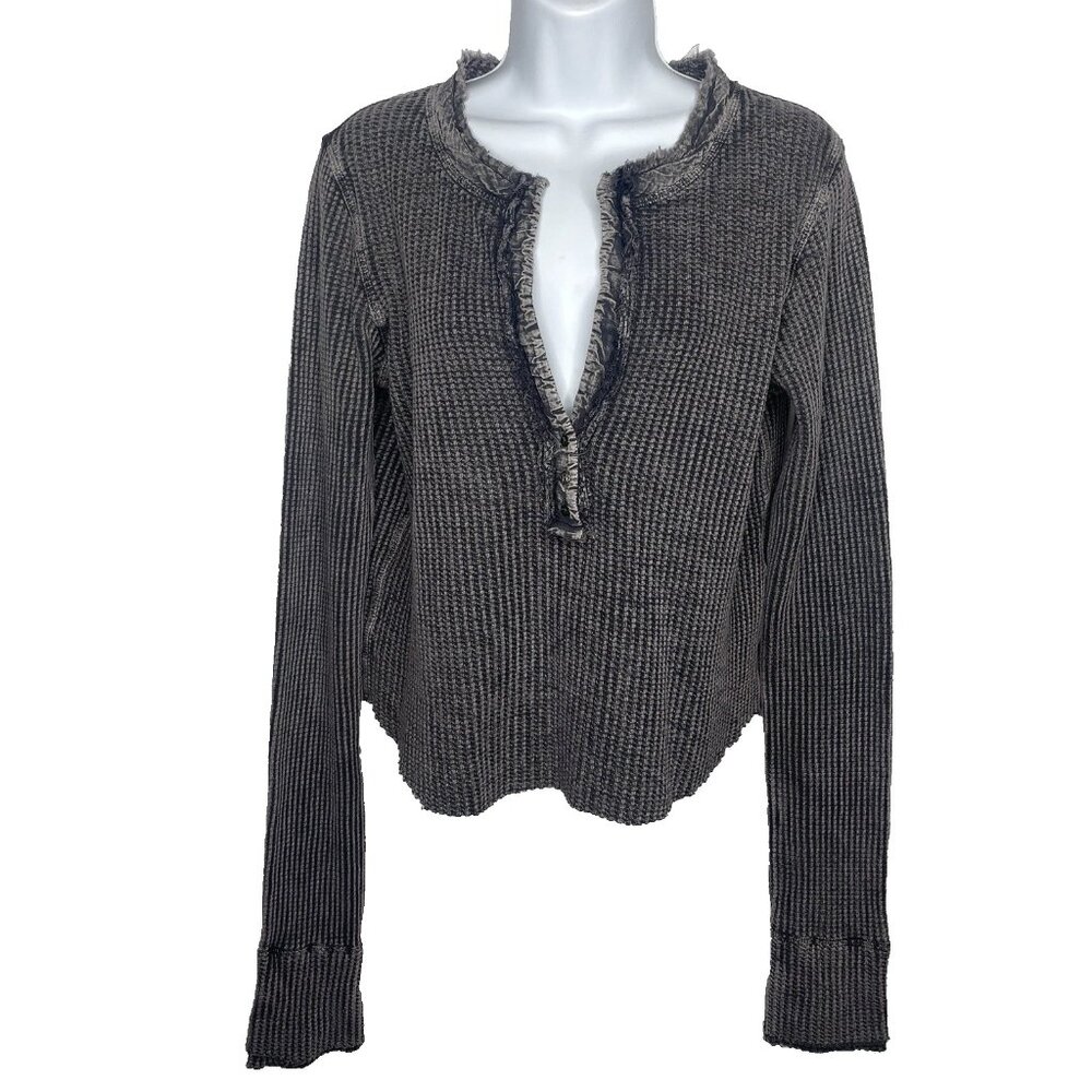 Free People FP One Colt Thermal Shirt Top Size M Washed Gray Waffle Knit